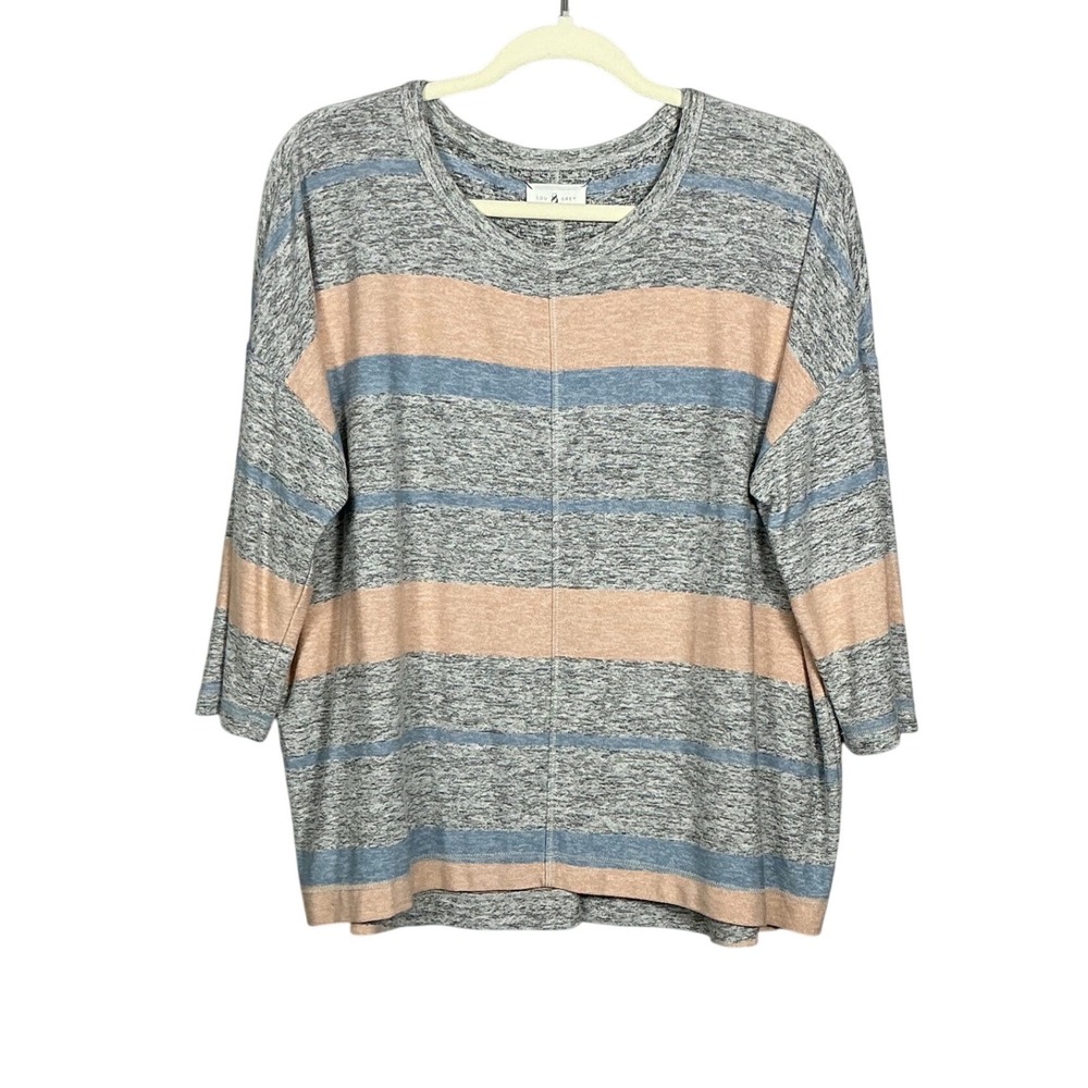 Lou & Grey Striped Relaxed Knit Top Grey Blue Peach 3/4 Sleeve Medium